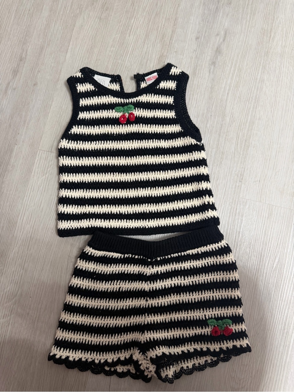 Zara Black and Cream Striped Knit Kids Matching Set with Cherry Detail